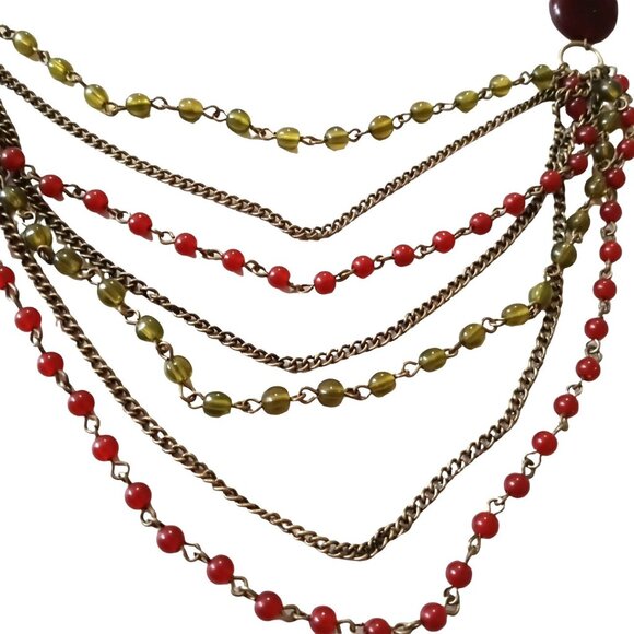Multi Strand Red Green Glass Bead Necklace Avon SP Retro Colorful - Picture 6 of 9